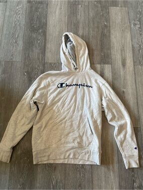 Champion Light Gray Crewneck Hoodie with Navy Script Logo